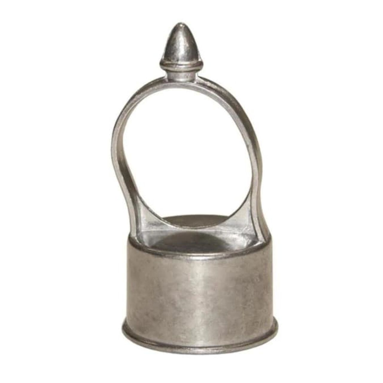 A metal object with a cylindrical base and looped handle topped with a pointed finial, resembling the Go Build 60 in. x 150 ft. Aluminum Chain Link Fence Eye Top used for 1-5/8 in. line posts.